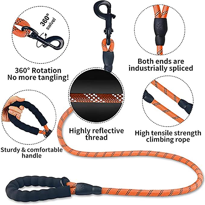 Fido N Feline 6 ft Padded Rope Dog Leash for Medium and Large Dogs - Orange