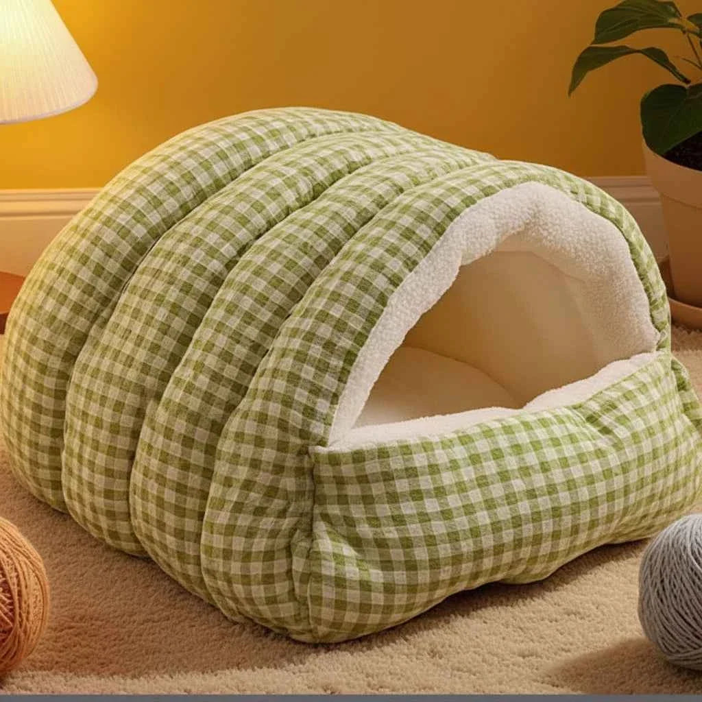 Kawaii Thermal Plush Pet Cave Bed – Cozy Enclosed Sleeping Bag House for Cats & Small Dogs (10 Colors)