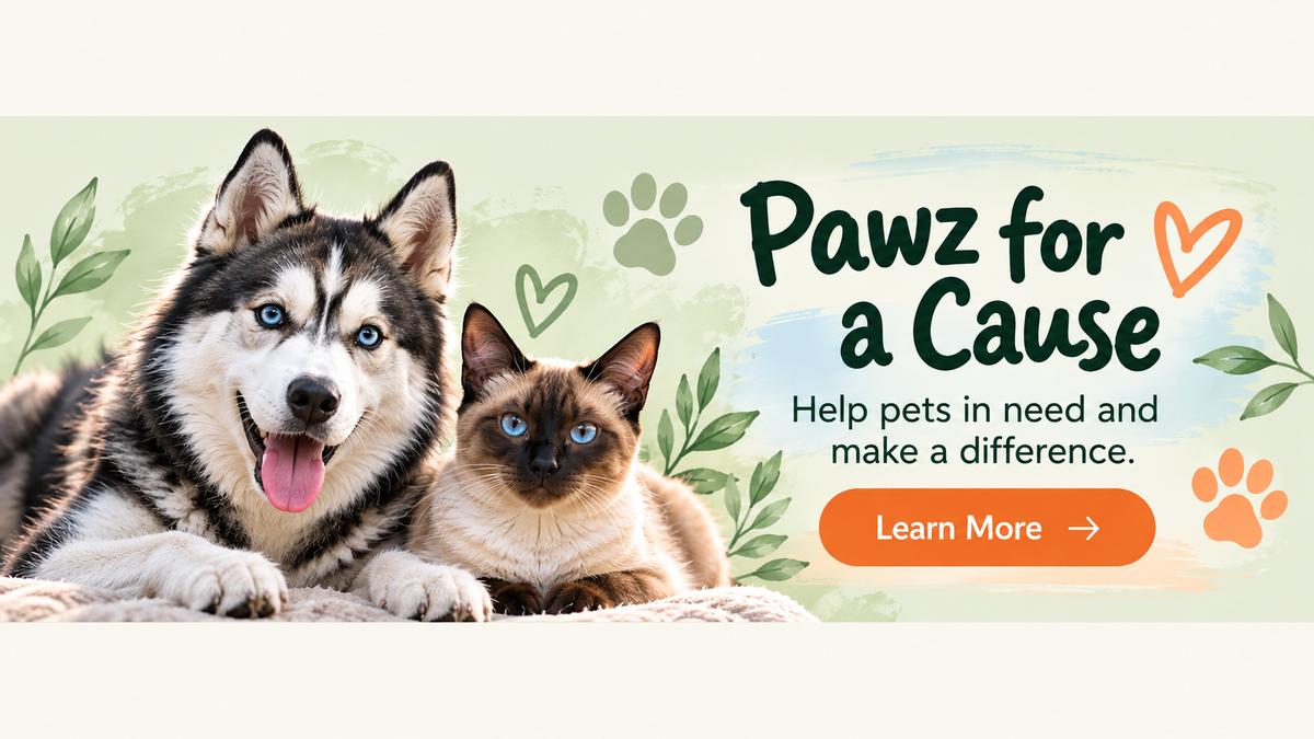 Pawz for a Cause banner with Siberian Husky and Siamese cat